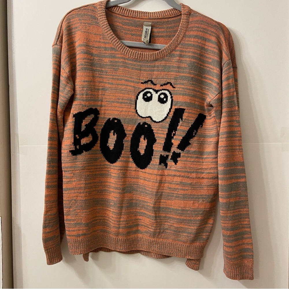 Pull & Bear Grey Orange Striped Eye Boo Halloween Knit Sweater L